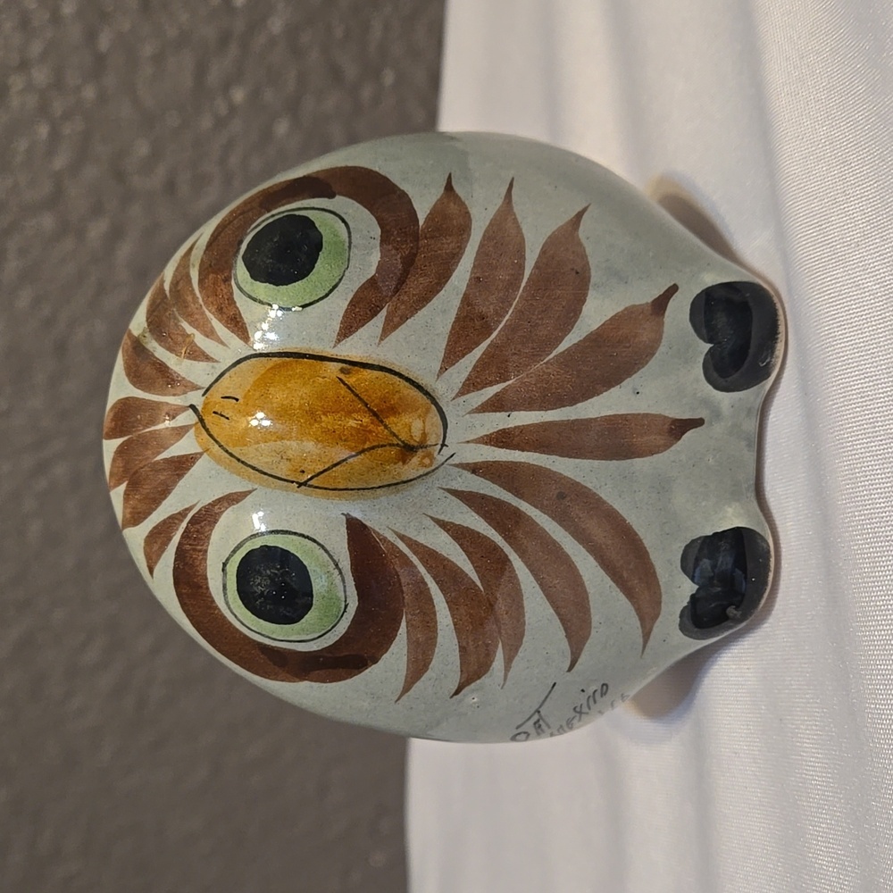 Tonala Mexican Pottery, Owl, Medium sized, Signed, Blue, Handmade, Hand painted